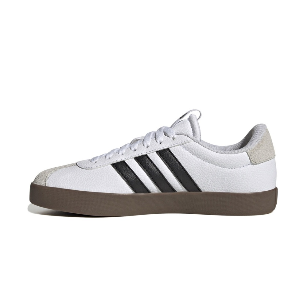 adidas White Sneakers with Black Stripes and Brown Sole